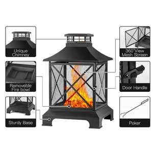 Grande Brasero à Bois de 42 Pouces avec Cheminée, Écran en Maille 360°, Chiminea en Métal Noir, Chauffage d'Extérieur pour Patio et Jardin - Product Image 2