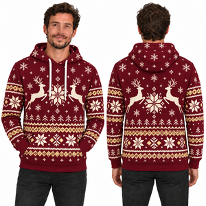 Men's Gray Christmas Reindeer Print Hooded Sweatshirt Knitted Polyester Casual Winter Hoodie with Pocket Design - Product Image 3
