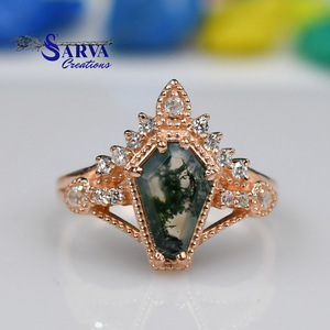 Anillo de compromiso y boda vintage de plata de ley chapada en rodio con gema de ágata musgosa natural, forma de ataúd, hecho a mano, llamativo - Product Image 1