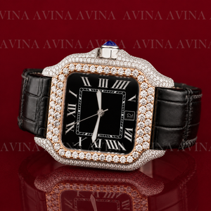Reloj de Lujo con Diamantes Moissanite Estilo Hip Hop para Hombre |   Reloj de pulsera con correa de cuero negro y visualización de fecha con números romanos - Product Image 3