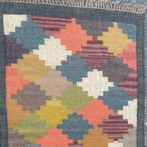 Tapis en laine tissé à la main, style vintage moderne, lavable, poils moyens, multicolore, pour couloir, cuisine, salon, tapis en laine et jute - Product Image 1