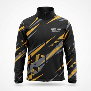 Veste softshell pour homme, noire et jaune, avec impression graphique par sublimation, col montant, imperméable, pour le sport de plein air - Product Image 1