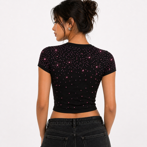 New Summer Women's Breathable <b>Rhinestone</b> Customised Patterns women's shirt Crew Neck Cropped Short Sleeve Tshirt Custom Logo OEM - Product Image 2