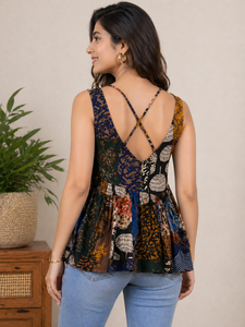 Blusa de Algodón con Estampado Floral Bohemio para Mujer, Top Peplum de Manga Larga con Retazos, Cuello en V Profundo y Espalda Cruzada, Moda de Boutique al por Mayor - Product Image 4