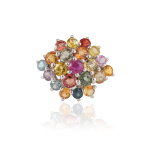 Anillo de Plata de Ley 925 con Diseño Floral en Forma de Cúpula, Zafiro Multicolor de Corte Redondo, Gema Natural, Joyería Fina - Product Image 1