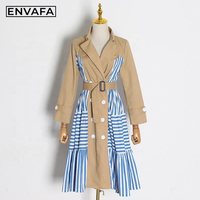 Veste coupe-vent personnalisée respirante en tissu écologique avec logo, pour femme, à double boutonnage, avec ceinture, manches longues, style trench classique patchwork