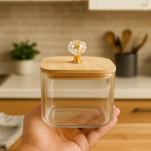 Trending storage jar Dried Fruit Serving <b>Tray</b> Square Glass Spice Organizer with Natural Wood Handle for Festive Holiday Banquets - Product Image 3