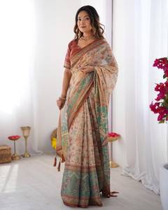 Sari de Lino y Algodón con Estampado Digital, Última Tendencia India, Elegante, Tradicional, Festivo, para Bodas, Verano, Casual, Graduación - Product Image 2