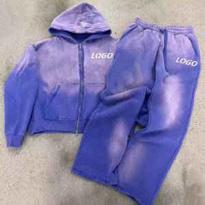 Ensemble de survêtement unisexe gris en coton à capuche avec fermeture éclair, manches longues, couleur unie, effet délavé, vêtements de sport décontractés avec impression de logo - Product Image 2