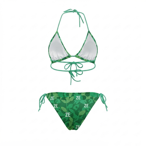 Premium 190 GSM 100% Polyester <b>Green</b> Solid High Waist Plunge Neck Triangle String <b>Bikini</b> <b>Set</b> Button Front Digital Print Custom - Product Image 2