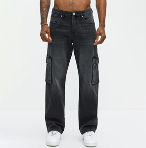 Pantalones Cargo de Mezclilla Lavada para Hombre, Cintura Alta, Corte Holgado, Estilo Utilitario, Color Sólido, Jeans de Algodón de Peso Medio, Ropa de Otoño - Product Image 1