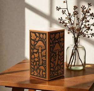 Handcrafted <b>Wooden</b> Cremation <b>Urn</b> with Mushroom & Leaf Engraving Nature-Inspired Memorial <b>Urn</b> <b>for</b> <b>Ashes</b> - Product Image 1