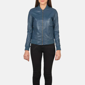 Women Blue Genuine Leather <b>Bomber</b> <b>Jacket</b> Slim Fit Premium Sheepskin Casual Winter Outerwear Fashionable Zip Up Flight Coat - Product Image 4