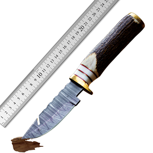 Cuchillo de caza de acero de Damasco con funda de cuero, mango de cuerno de ciervo de espiga completa, alta durabilidad, OEM/ODM aceptado, suministro a granel, 3 años de garantía - Product Image 6
