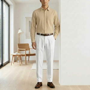 Ensemble chemise et pantalon pour homme, 100% polyester tissé, respirant, bleu clair, manches longues, boutonné, pantalon plissé, tenue décontractée pour le bureau - Product Image 6