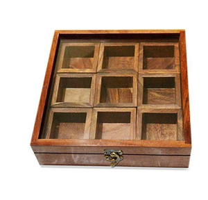 Boîte à épices en bois, taille personnalisée, forme carrée, 9 compartiments, pour herbes et épices, fournisseur en gros - Product Image 1