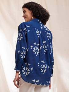 Navy Blue Floral Print Long <b>Sleeve</b> With Turn-down Collar Loose Fit Casual Daily Wear Spring Woven Linen Cotton Top - Product Image 4
