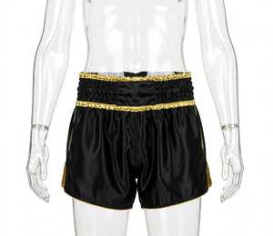 <b>Men's</b> Black Satin Polyester/Cotton Embroidered <b>Shorts</b> Gold Trim Drawstring Mid Waist Loose Fit Sporty Boxing Trunks <b>Knee</b> <b>Length</b> - Product Image 1