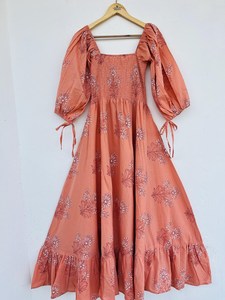 Femmes filles pur coton Maxi robe indien bloc imprimé décontracté été soirée à la mode nouvelle vente en gros longue robe mi-longue - Product Image 1