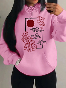 Sudaderas con Capucha para Mujer, Nueva Calidad, Estilo Harajuku Japonés, Estampado de Flores de Cerezo al Atardecer, Sudadera Holgada con Bolsillos para Otoño, Ropa Casual - Product Image 4
