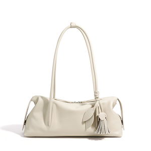 Bolso de Hombro de Cuero Genuino Olive con Decoración de Borlas, Estilo Minimalista, Dos Asas, Cierre de Cremallera, para Todas las Temporadas - Product Image 3