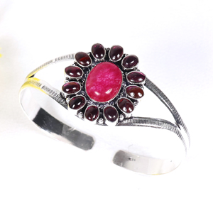Wholesale Handmade 925 Sterling Silver Gemstone Jewelry Cluster Statement Cuff <b>Bracelet</b> Opaque Pink Ruby and Garnet Designer - Product Image 2