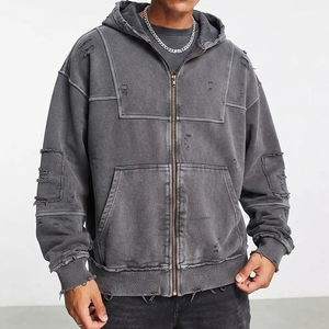 Veste à capuche en jean coupe décontractée pour homme – Veste streetwear délavée avec design multi-poches - Product Image 1