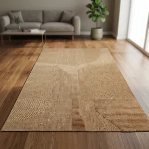 Tapis en jute artisanal écologique de designer, en fibres naturelles, jacquard patchwork, avec support en latex, techniques de tissage plat - Product Image 4