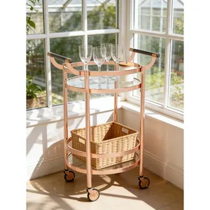 Ceramic Eco-Friendly American Style Round <b>Bar</b> Cart with Glass <b>Shelves</b> and Wheels for Modern Home Dining and Party Use - Product Image 3