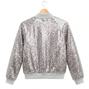 Cosh International Women’s <b>Silver</b> <b>Sequin</b> Varsity Baseball <b>Jacket</b> Winter Casual Loose Fit Zip Up Greek Apparel - Product Image 3