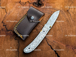 Couteau de poche pliant en acier Damas de haute qualité avec verrouillage Liner Lock, étui en bois et cuir, tranchant comme un rasoir, pour camping en extérieur, multifonctionnel, OEM - Product Image 6