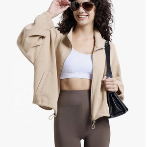 Sudadera recortada con cremallera completa para mujer, cuello alto de manga larga con cremallera y capucha corta, chaqueta informal con cuello levantado - Product Image 5