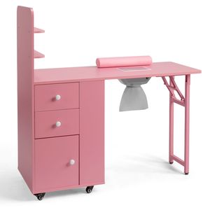 Table de manucure rose en MDF avec 2 tiroirs, porte de placard et étagère de rangement - Bureau à ongles pliable - Product Image 1