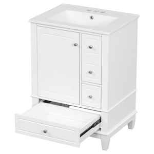 Meuble-lavabo autoportant blanc de 24 pouces avec vasque, tiroirs, plateau en céramique, étagères de rangement, en MDF massif – Meubles-lavabos de salle de bain de 24 pouces - Product Image 6