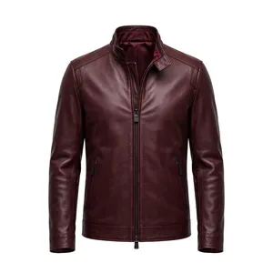 Veste d'hiver en cuir véritable marron foncé pour homme AMKOOR ENTERPRISES, col montant, fermeture éclair, coupe ajustée, douce et de qualité supérieure - Product Image 1