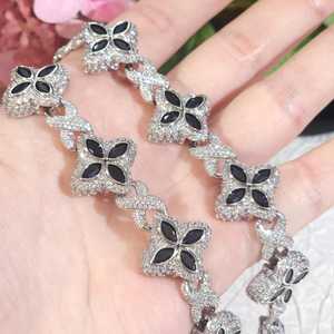 Luxury Black Flower Moissanite Iced 925 Sterling <b>Silver</b> Micro Pave Setting Clover Link Hip Hop <b>Bracelet</b> Women Fine - Product Image 3