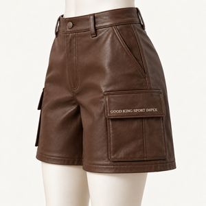 Custom Womens Brown Leather Cargo Shorts High Waist <b>PU</b> Faux Leather Streetwear OEM Private Label Clothing Manufacturer Wholesale - Product Image 3