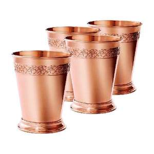 Ensemble de quatre gobelets en cuivre avec bande florale, bord évasé, pied surélevé et corps lisse – Vaisselle élégante et traditionnelle - Product Image 1