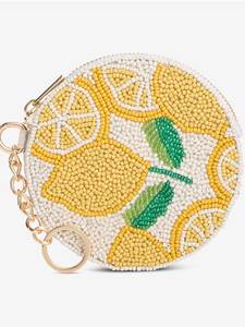 Beaded Circular Clutch With Chain Strap Zipper Closure Handmade Evening Bag Lemon Pattern Decorative Beading Glass Beads - Product Image 1