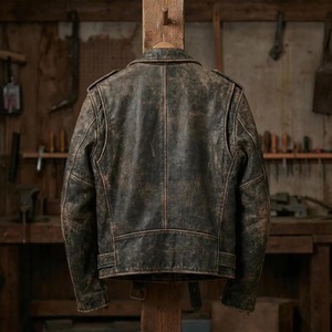 Veste en cuir pour homme, style motard, vintage, en cuir véritable vieilli, veste streetwear pour moto - Product Image 2