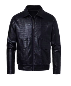 Chaqueta de Cuero PU con Estampado de Cocodrilo Negro para Hombre, Estilo Motociclista, Cuello Camisero, Cierre de Cremallera, Corte Regular, Ropa de Abrigo para Otoño - Product Image 3