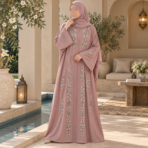 Abaya rose élégante pour femmes avec broderie florale |   Robe musulmane modeste à manches longues, maxi kaftan, tenue islamique, coupe ample - Product Image 3