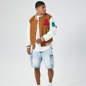 <b>Jacket</b> for Wool <b>Brown</b> Cream Real <b>Leather</b> Arms Baseball Letterman College Varsity <b>Jacket</b> Bomber <b>Jacket</b> Women - Product Image 3
