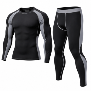 Ensemble de vêtements de sport pour homme, comprenant un t-shirt de compression à manches longues et un legging long, avec blocs de couleur, séchage rapide, couche de base athlétique - Product Image 1