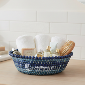 Corbeille à fruits en jonc de mer enroulé avec bordure décorative en perles de bois, plateau de service en fibre naturelle durable pour la décoration intérieure - Product Image 3