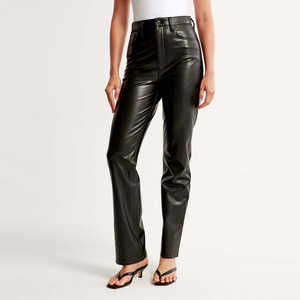 Pantalones de cuero de tiro alto para mujer, de pierna recta, estilo años 90, ajuste curvo, elásticos mate, cinco bolsillos, cierre de cremallera - Product Image 2