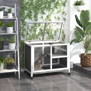 Gabbia per conigli a 2 piani da interno in legno con porte bloccabili, vassoio, rotelle, rampa e finitura grigia - Product Image 2