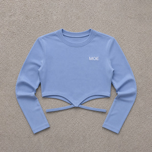 Y2K Fashion women's shirt Long Sleeve <b>Cropped</b> Blouse Cut-Out Detail Crew Neck Casual <b>Top</b> Spring Summer Wear Customized Branding - Product Image 3
