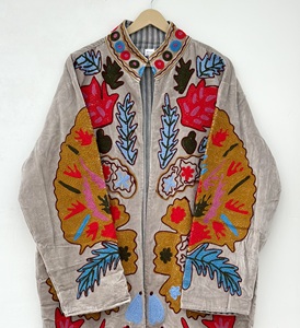 <b>Women</b> Embroidered <b>Velvet</b> Quilted Long <b>Jacket</b> Handmade Boho Floral Ethnic Open Front Regular Breathable Eco-Friendly Cotton - Product Image 1