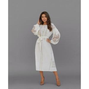 Bohemian Embroidered A-Line Casual Natural Waist Solid <b>White</b> Long Dress Ukraine Embroidery ( Vyshyvanka 100% Cotton Eco-Friendly - Product Image 5